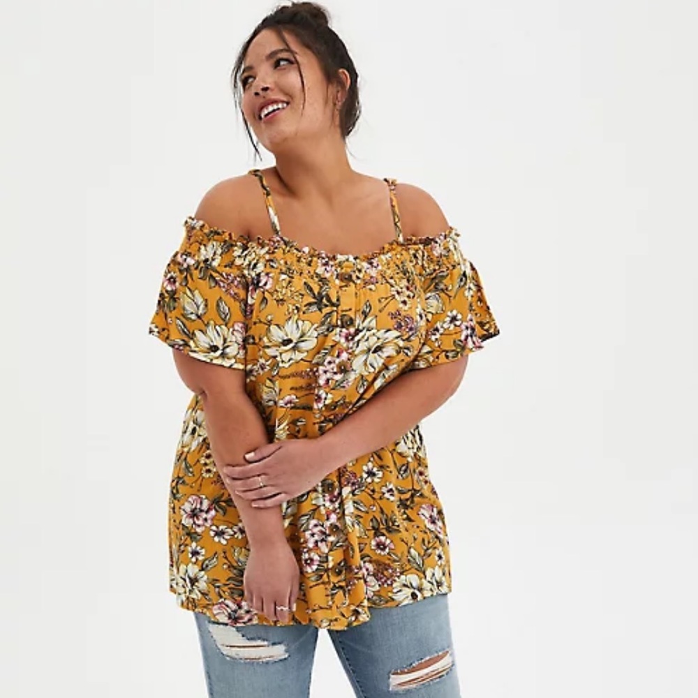Torrid Yellow Floral Gauze Smocked Cold Shoulder Blouse NWT
